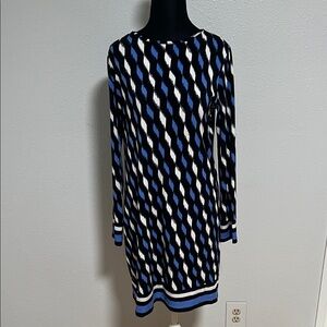 Michael Kors Blue Black White Geometric Long Sleeve Shift Dress